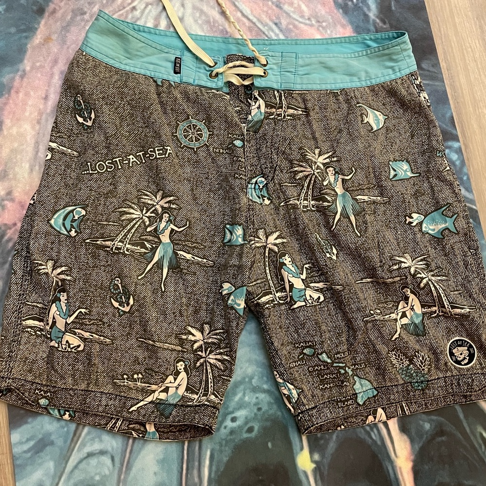 Mens Lost at Sea hawaiian islands hula girl swim shorts